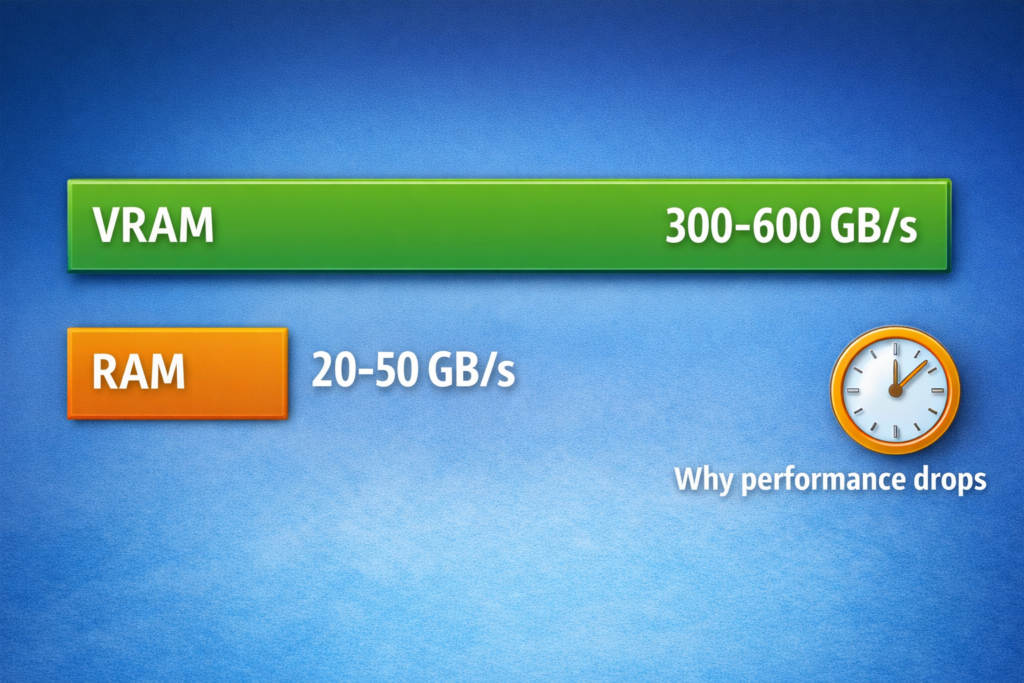 What is shared GPU memory speed comparison showing VRAM vs RAM bandwidth difference and latency impact on performance
