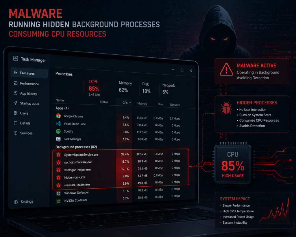 Malware causing high CPU usage by running hidden background processes and slowing down system performance significantly