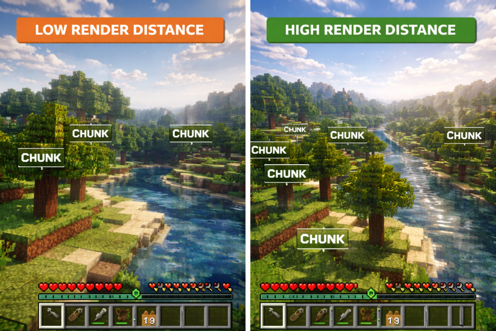 Is Minecraft CPU or GPU-intensive comparison showing low vs high render distance impact on CPU performance and FPS