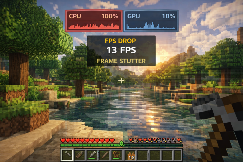 Is Minecraft CPU or GPU-intensive example showing CPU bottleneck with high CPU usage and low GPU usage causing FPS drops