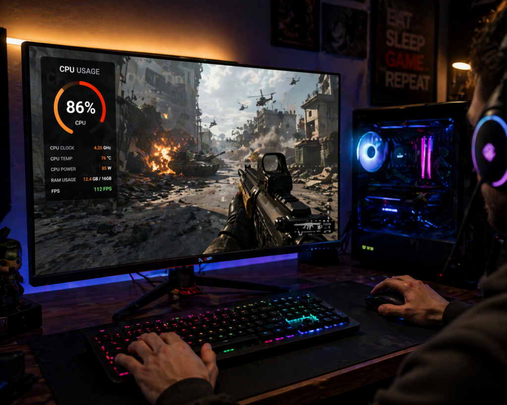 High CPU usage during gaming showing 70 to 90 percent load which is normal for heavy tasks like gaming and video editing