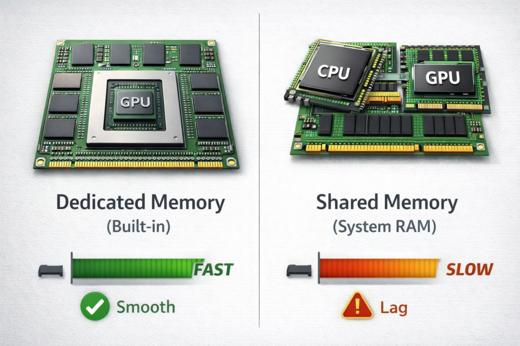 Dedicated vs shared GPU memory comparison showing VRAM on GPU vs system RAM via CPU, highlighting speed, stability, and performance differences
