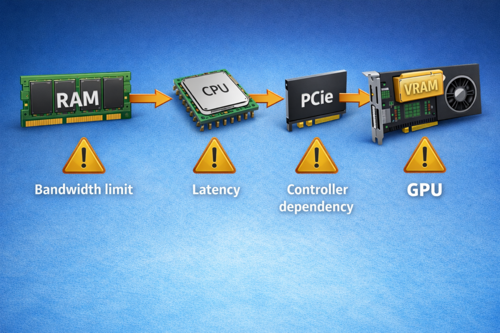What is shared GPU memory performance limit diagram showing RAM to GPU data flow with bandwidth, latency, and bottleneck impact
