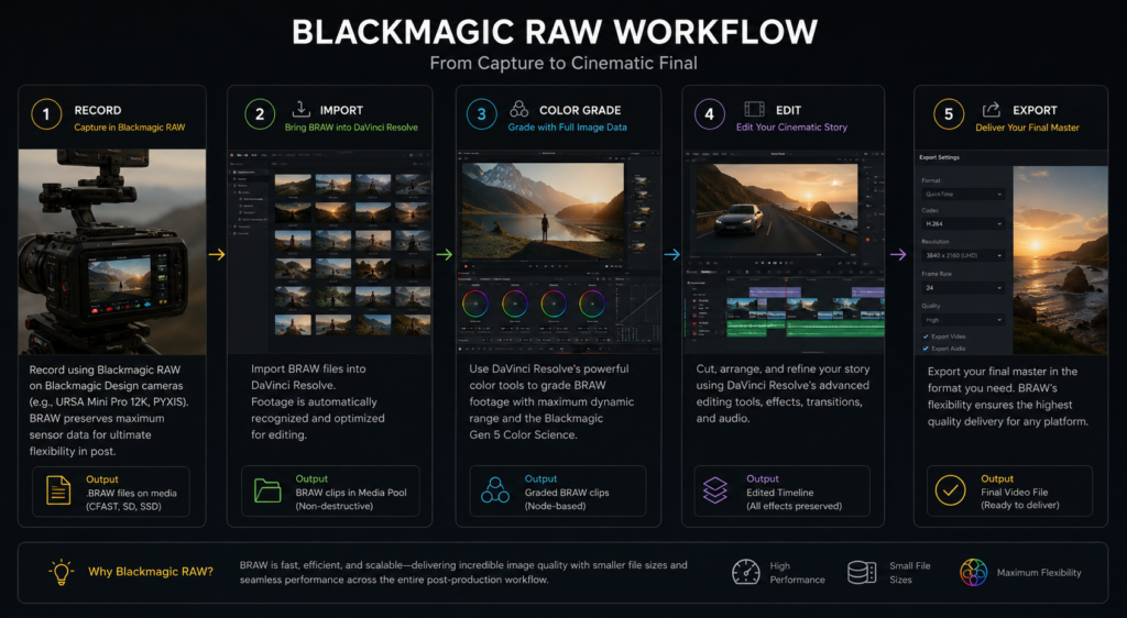 Blackmagic RAW BRAW editing workflow showing recording, colour grading, timeline editing, and final export process
