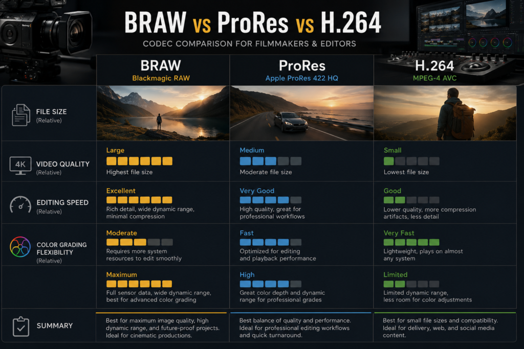 BRAW vs ProRes vs H264 comparison showing video quality, file size, editing speed, and grading flexibility