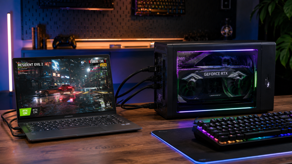 External GPU setup connected to gaming laptop using Thunderbolt 4 for improved graphics performance and FPS