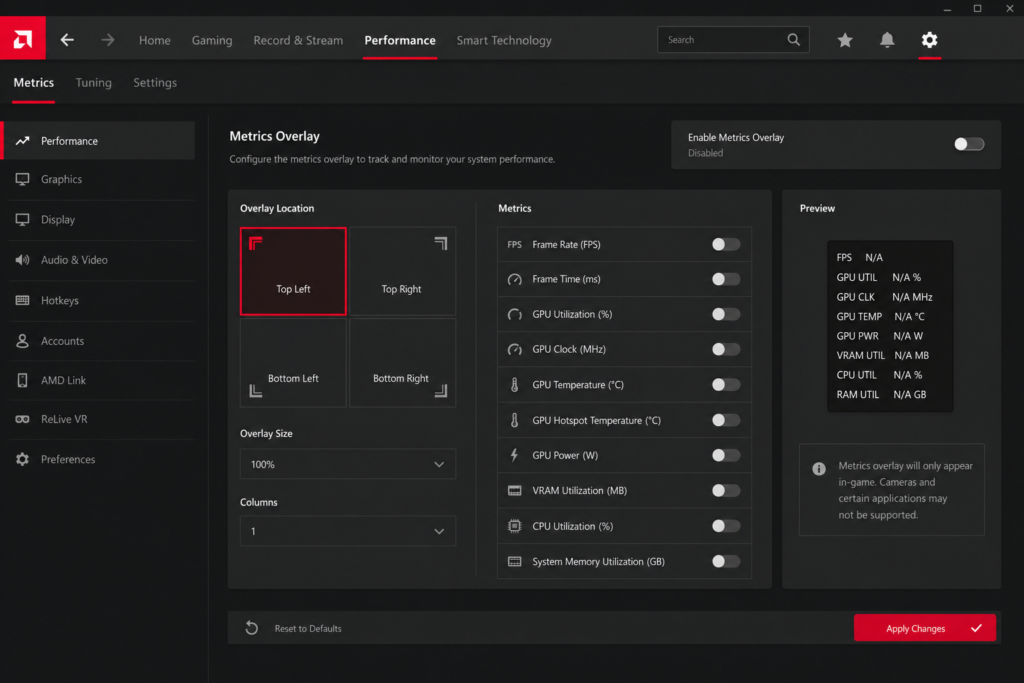 Turn off FPS GPU CPU overlay in AMD Radeon software metrics overlay disabled performance tab clean interface guide