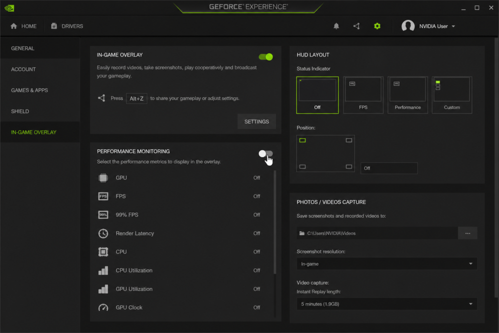 Disable FPS overlay in NVIDIA GeForce Experience showing performance monitoring toggle turned off clean interface guide