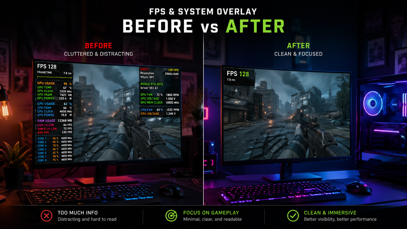 Turn off FPS GPU CPU latency overlay showing before and after clean gaming screen without performance stats display