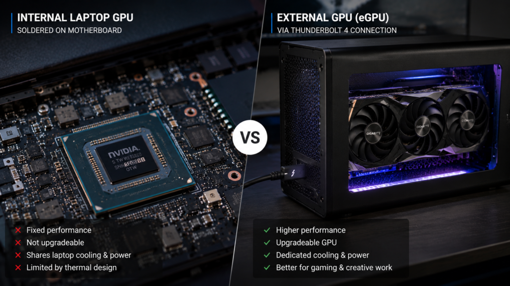 Internal vs external gaming laptop GPU upgrade comparison showing soldered graphics and eGPU setup visually
