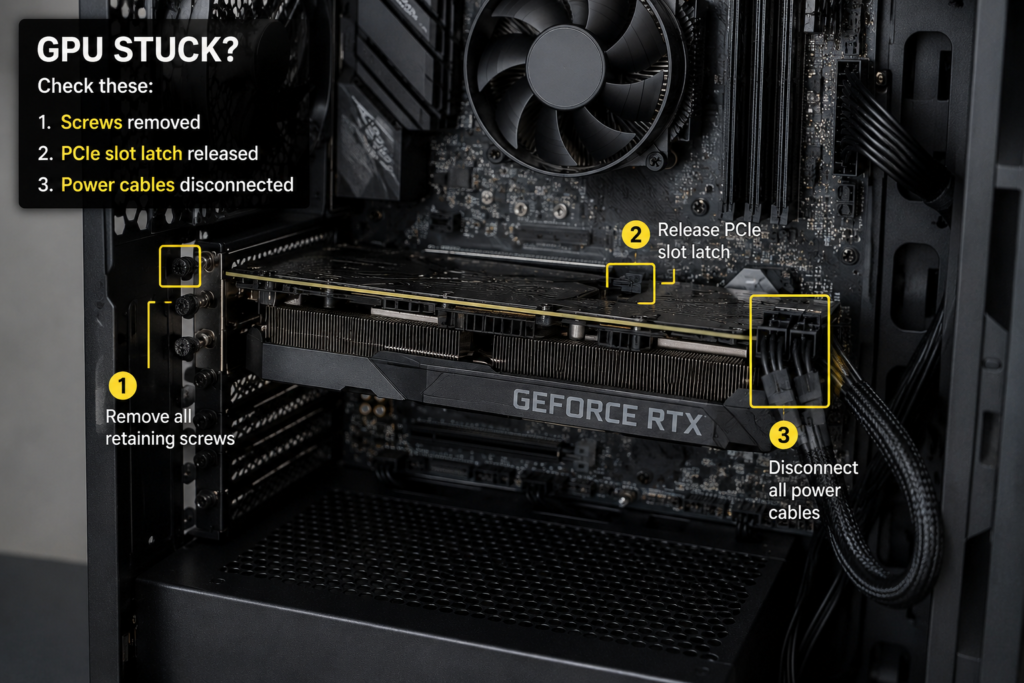GPU stuck in motherboard showing common removal problems like screws cables and PCIe latch preventing safe removal