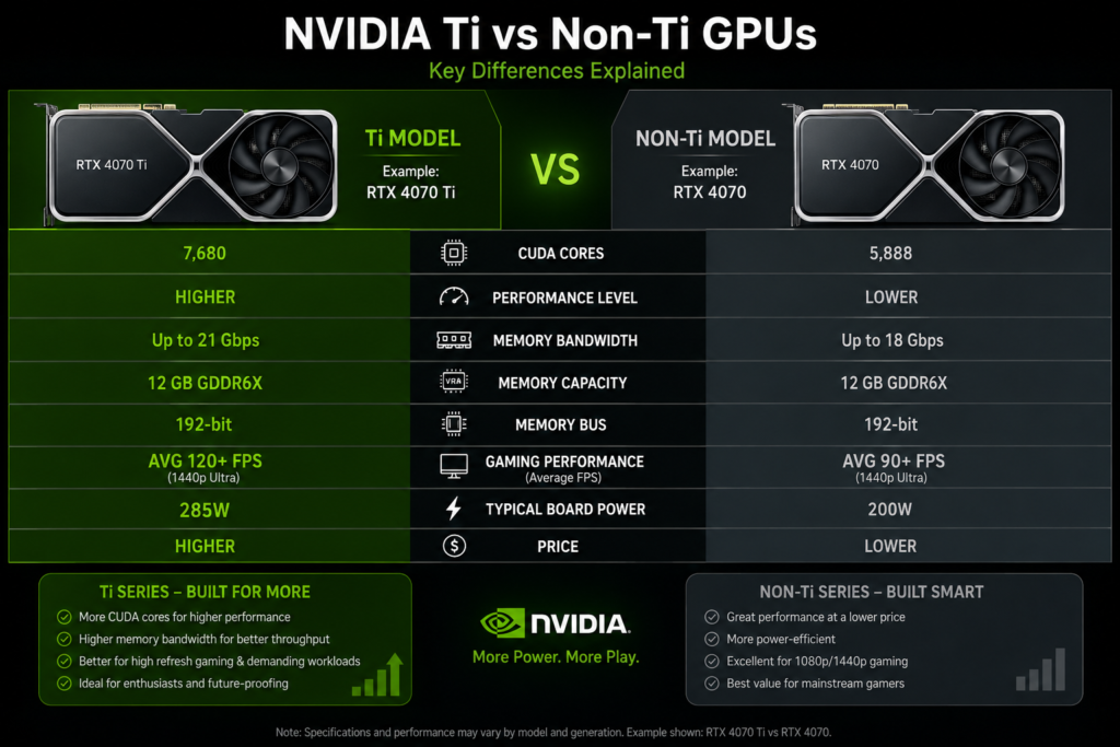 Difference between NVIDIA Ti and Non-Ti GPU models showing CUDA cores performance and gaming FPS comparison