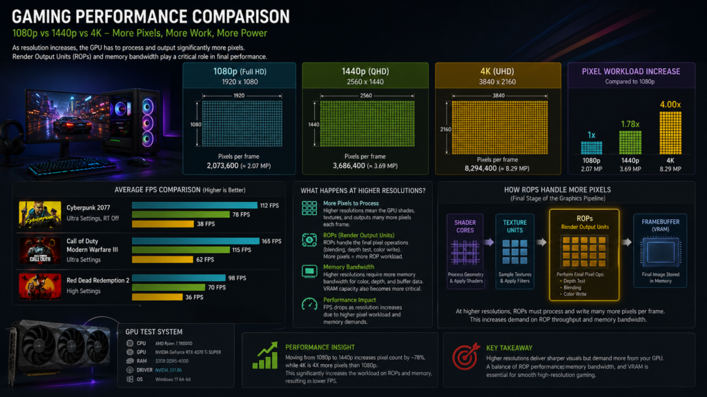 ROPs in GPU affecting gaming performance across 1080p 1440p and 4K resolutions with higher pixel workloads