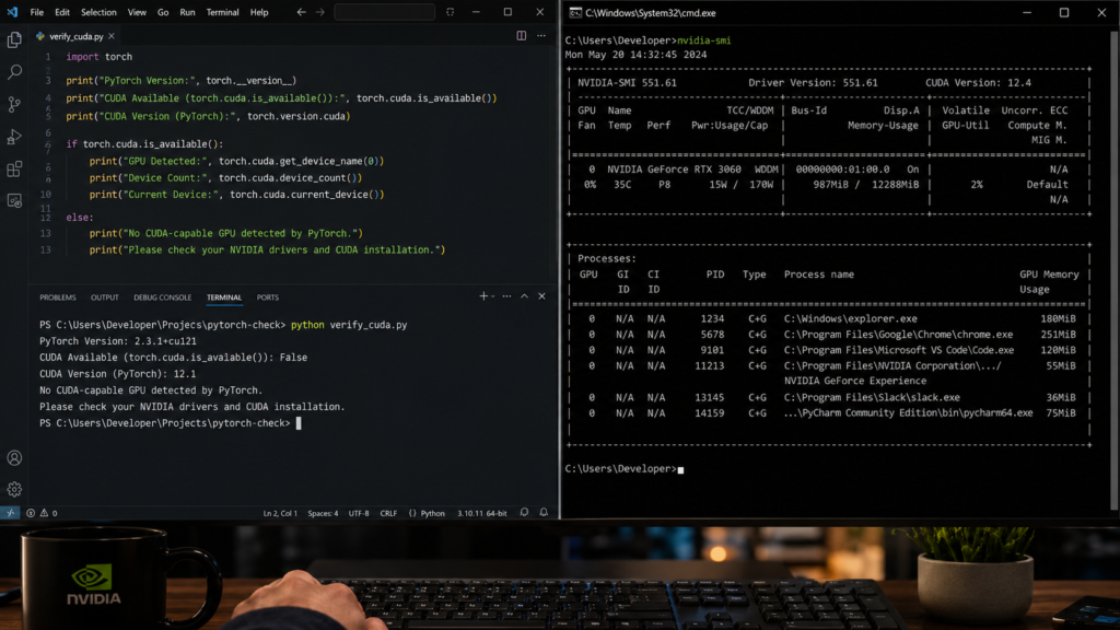 Checking whether torch is able to use GPU with torch cuda availability test and NVIDIA system diagnostics