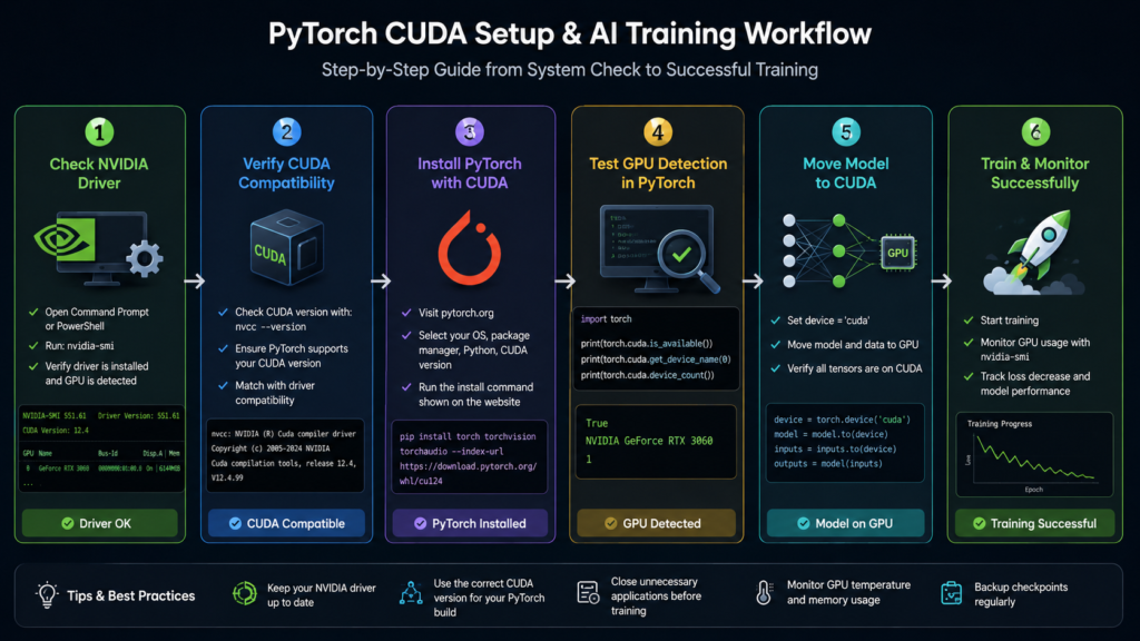 PyTorch GPU troubleshooting workflow showing driver checks CUDA setup and torch GPU activation process