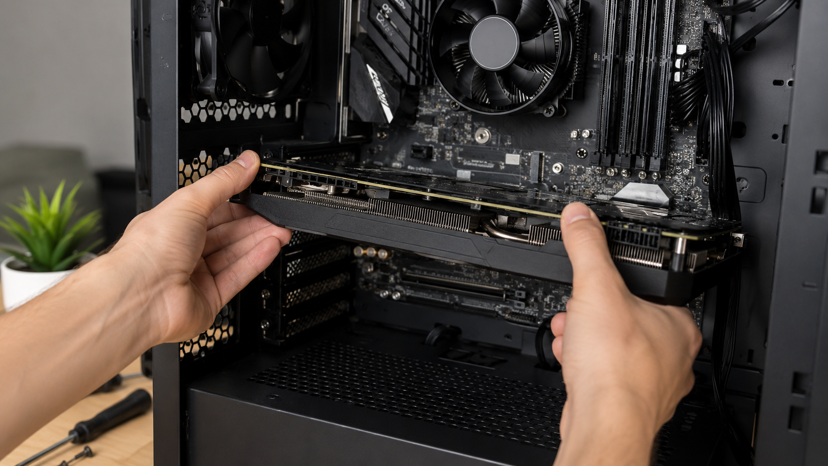 How to remove a GPU safely from a desktop computer showing hands disconnecting graphics card from PCIe slot step by step