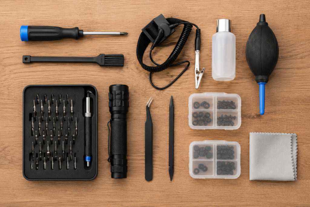 Essential tools for removing a GPU including screwdriver anti static strap flashlight and air blower arranged on clean desk