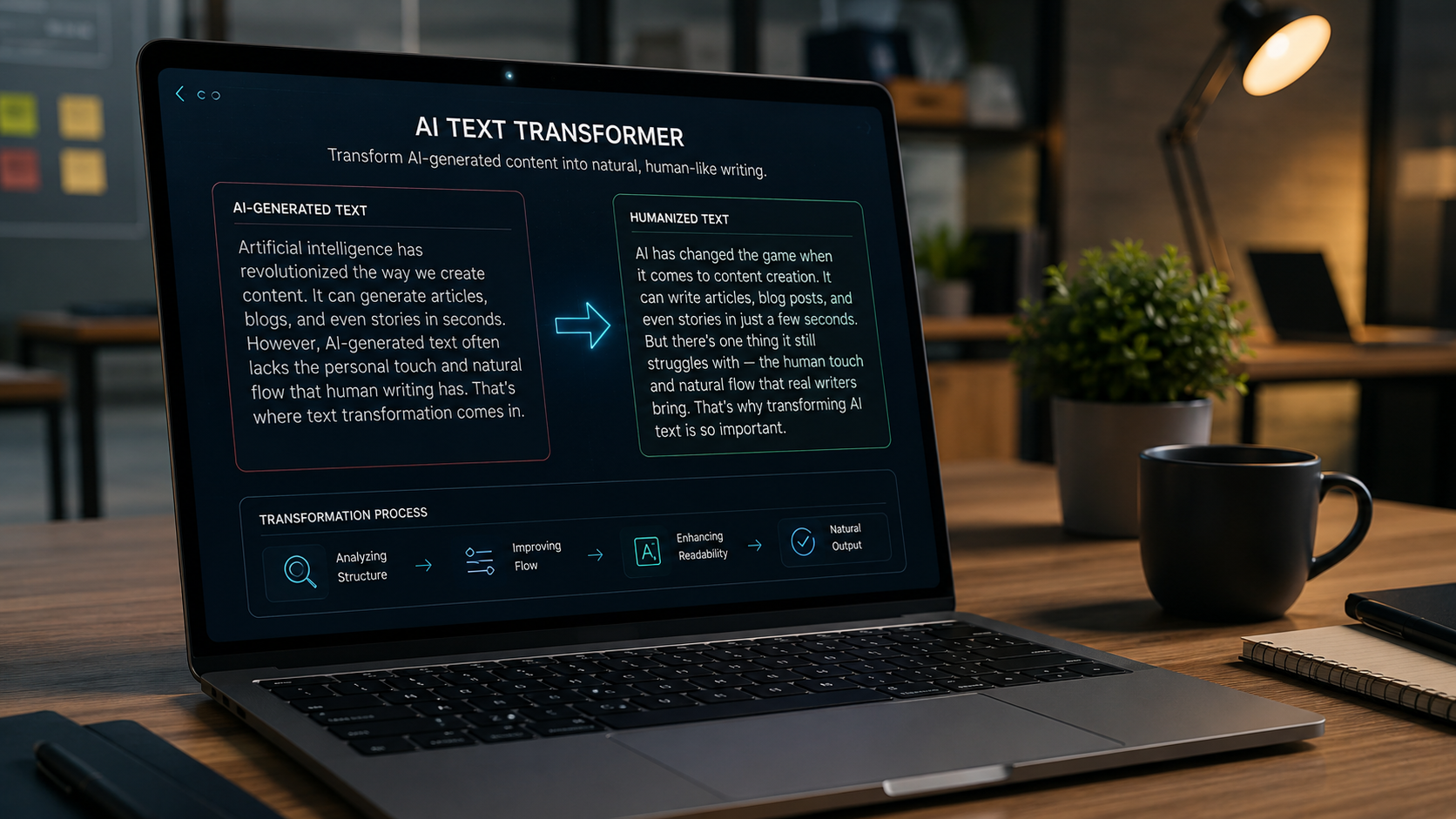 Best AI humanizers Modern workspace with laptop showing AI-generated text transforming into natural human writing on a futuristic interface.