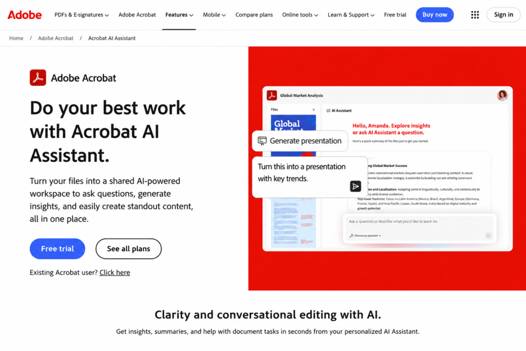Adobe Acrobat AI Assistant interface showing AI PDF summarizer features for document summaries and AI-powered PDF analysis.