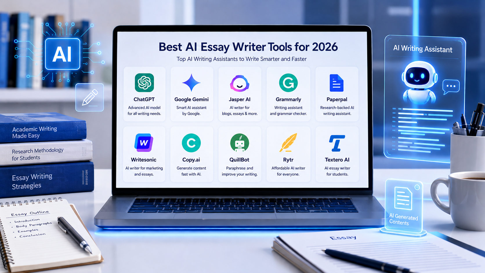 Best AI essay writers comparison showing ChatGPT, Gemini, Grammarly, Jasper and other AI writing tools for students.
