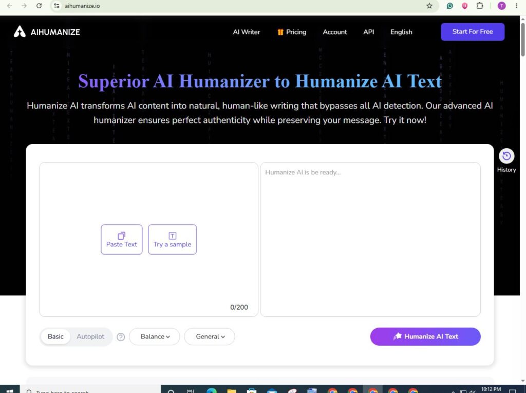 AIHumanize interface displaying AI text humanizer with input and output panels, writing modes, and humanize text button.