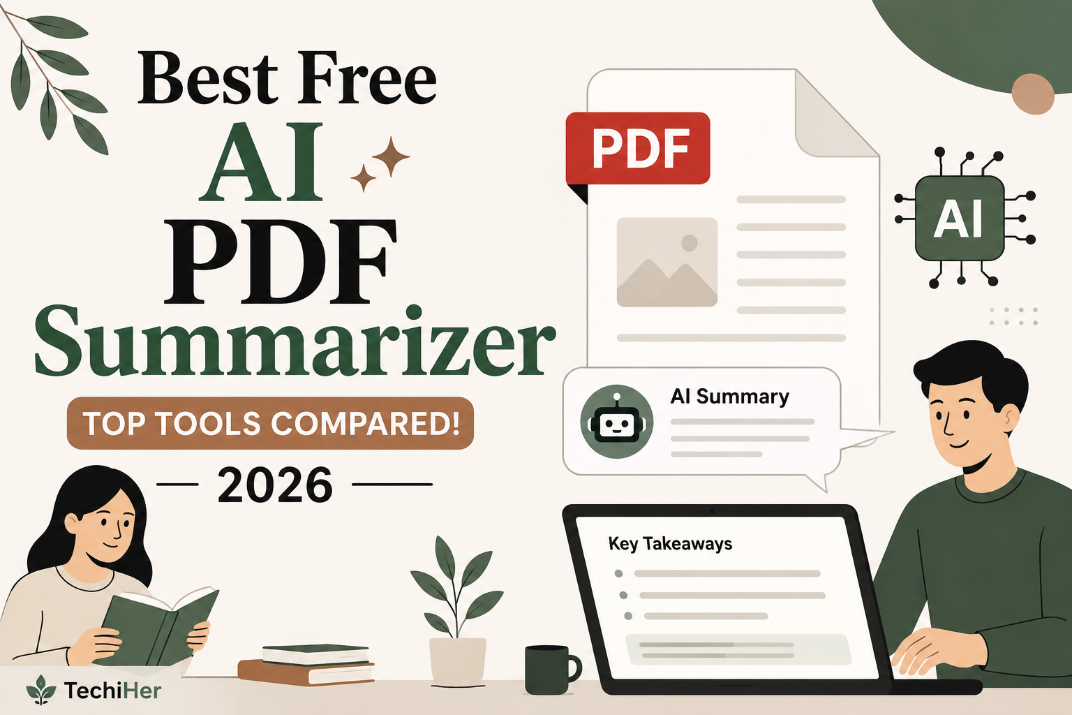 Best free AI PDF summarizer tools comparison for 2026 with PDF, AI summary, and document analysis illustration