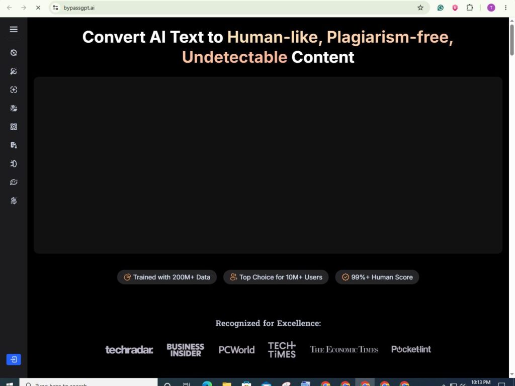 BypassGPT AI humanizer homepage showing AI text converter with undetectable content tool and human score highlights.