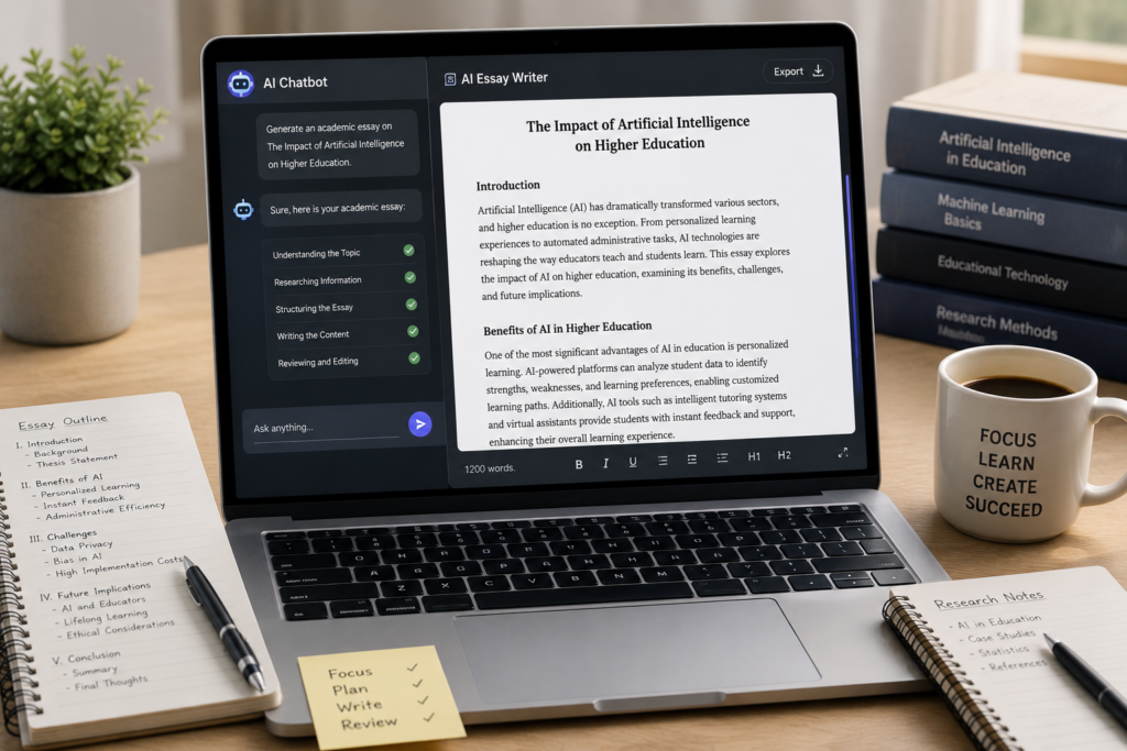ChatGPT AI essay writer creating academic essays with editing brainstorming and grammar improvements.