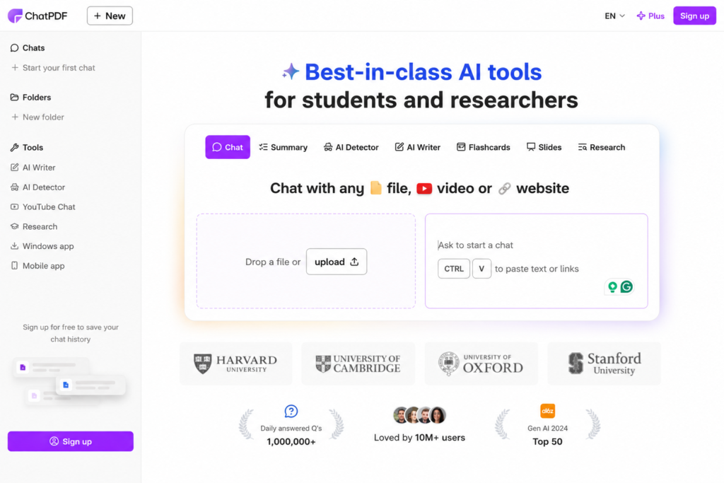 ChatPDF interface showing AI PDF summarizer tool for uploading documents and generating smart PDF summaries online