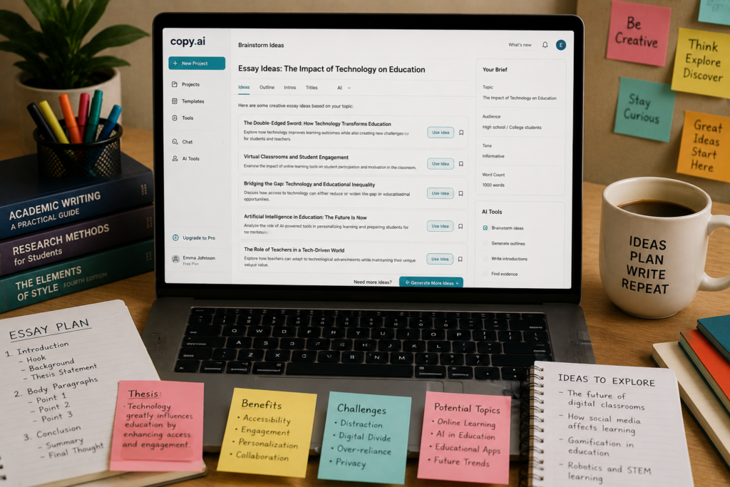 Copy.ai AI essay writer helping generate creative ideas, outlines, and academic writing inspiration for students