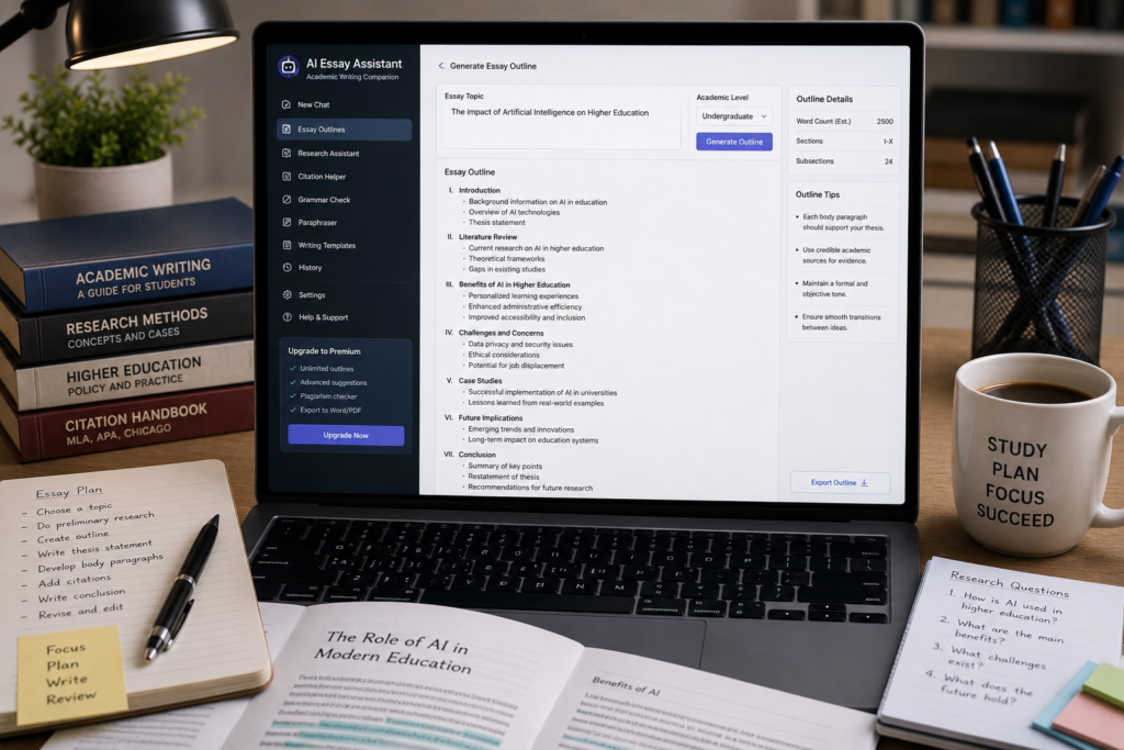 EssayGenius AI essay writer generating essay outlines and first drafts for students with AI writing assistance
