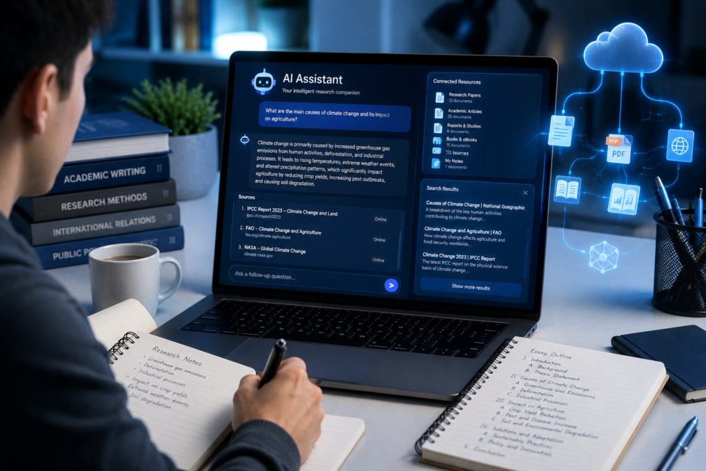 Google Gemini AI helping students research organize ideas and write essays efficiently.
