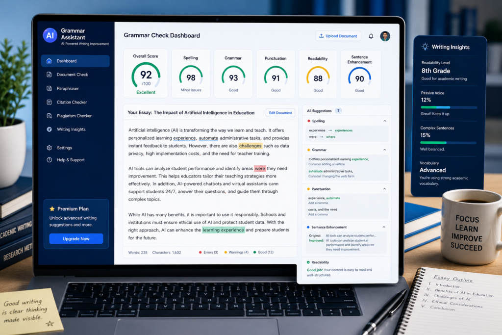 Grammarly AI improving grammar punctuation clarity readability and essay writing quality for students.