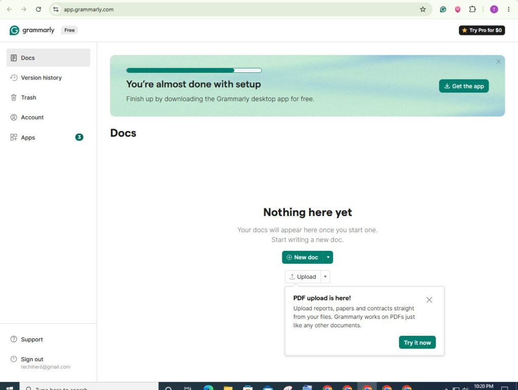 Grammarly writing dashboard showing document workspace, upload option, writing tools, and document management interface.