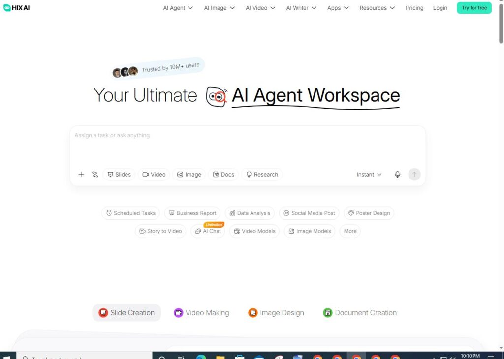 HIX AI workspace showing AI agent dashboard with task input, content creation tools, and productivity features interface.