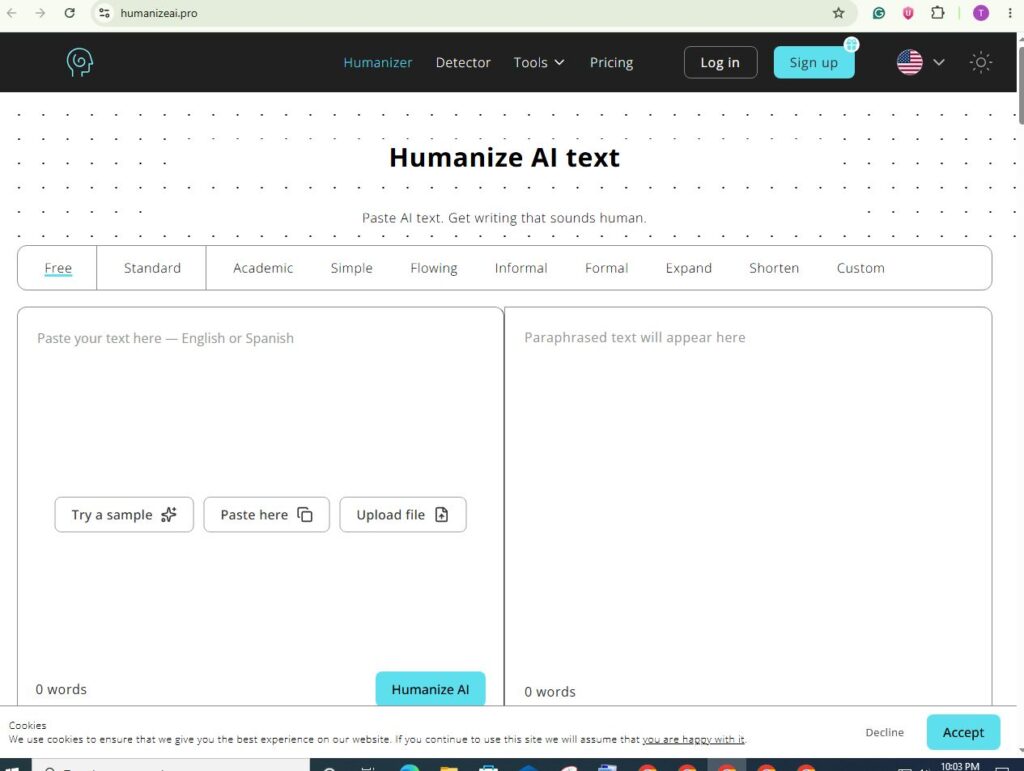 Humanize AI interface showing AI text rewriting workspace with input and output panels, writing modes, and upload options.