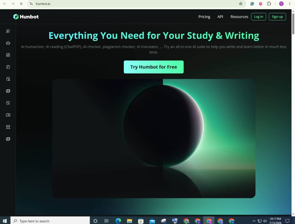 Humbot AI homepage featuring AI writing tools, humanizer, plagiarism checker, and study assistant with modern interface.