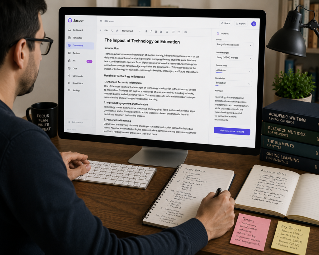 Jasper AI essay writer generating long-form academic content with advanced AI writing assistance for professionals