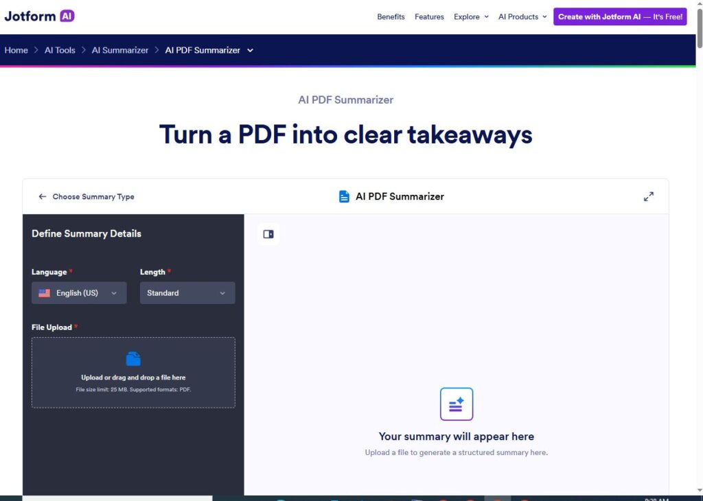 Jotform AI PDF summarizer dashboard allowing users to upload PDF files and generate clear summaries with language options