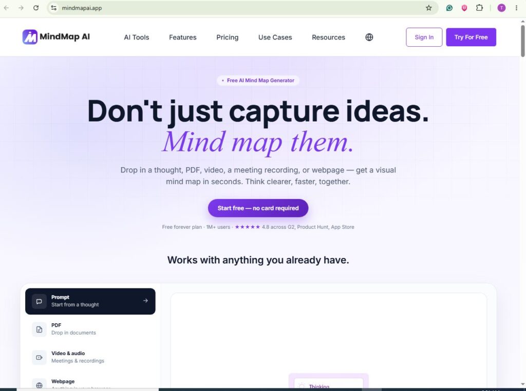 MindMap AI interface converting PDFs, ideas, and notes into visual mind maps for faster learning and better understanding
