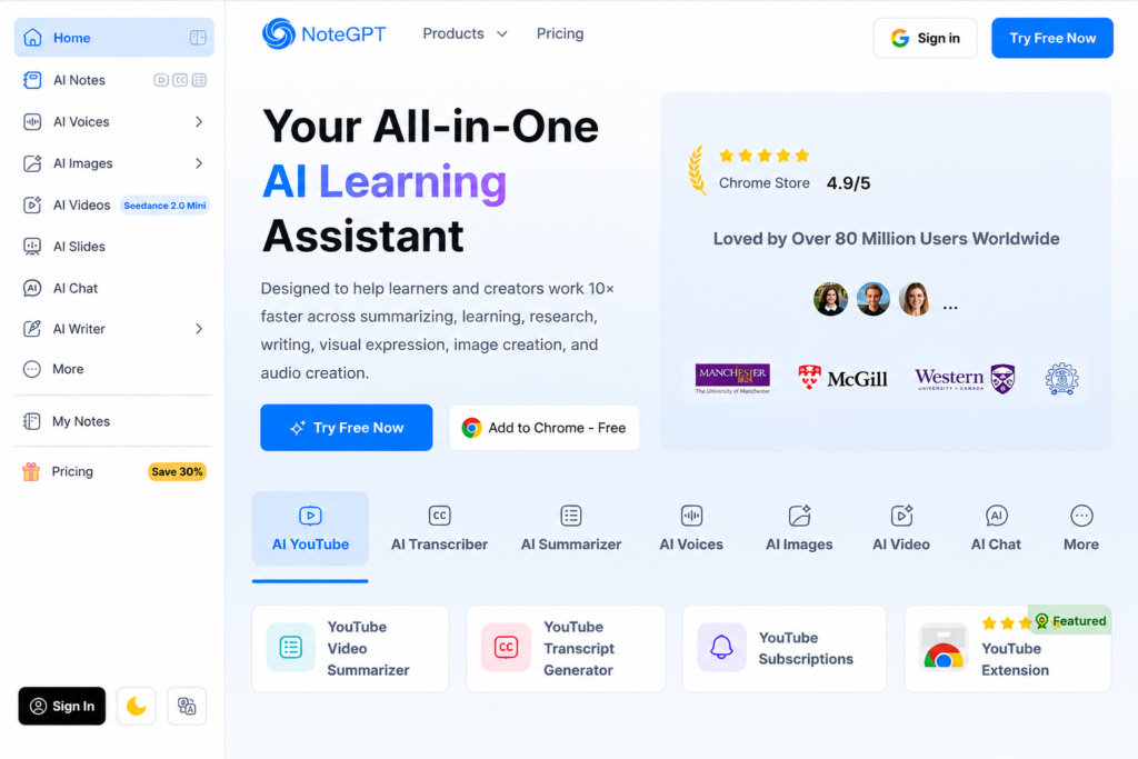 NoteGPT AI PDF summarizer interface for uploading documents and generating fast, accurate PDF summaries online