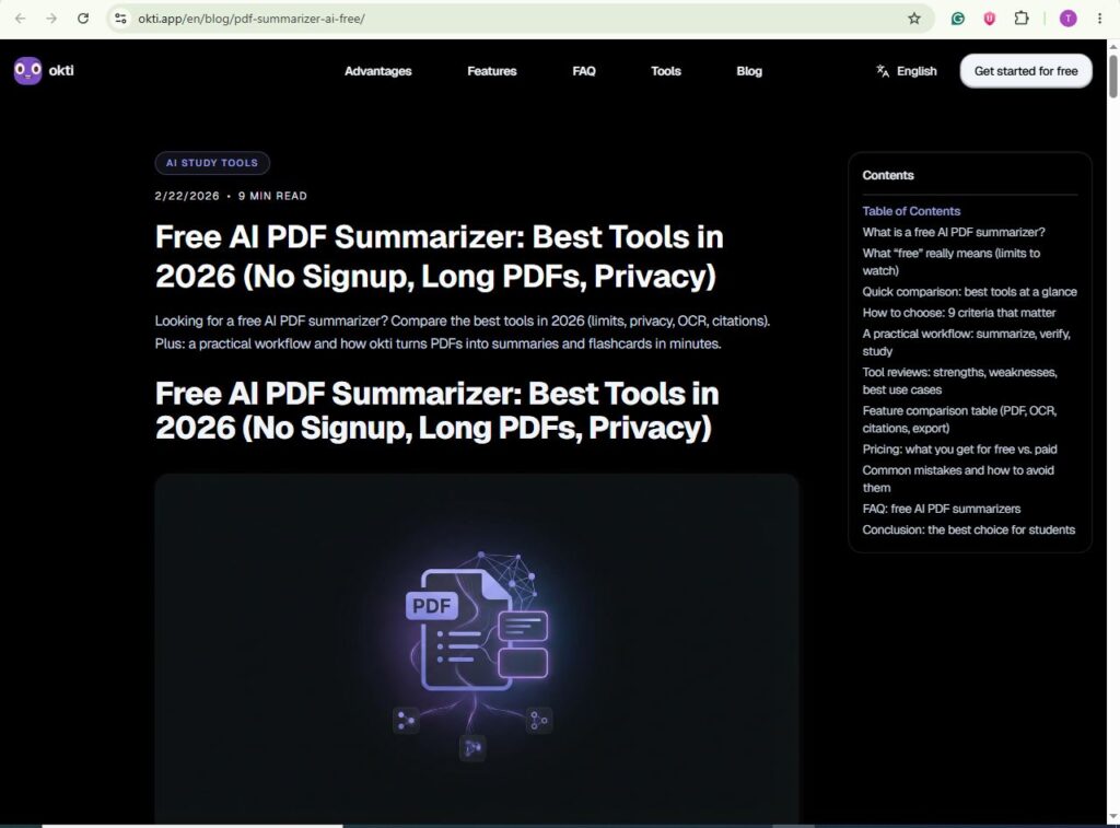 Free AI PDF summarizer article preview highlighting top tools in 2026 for summarizing long PDFs without signup