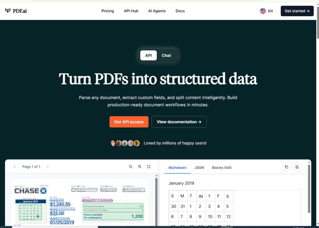 PDF.ai platform interface turning PDF documents into structured data with API access for automation and workflows
