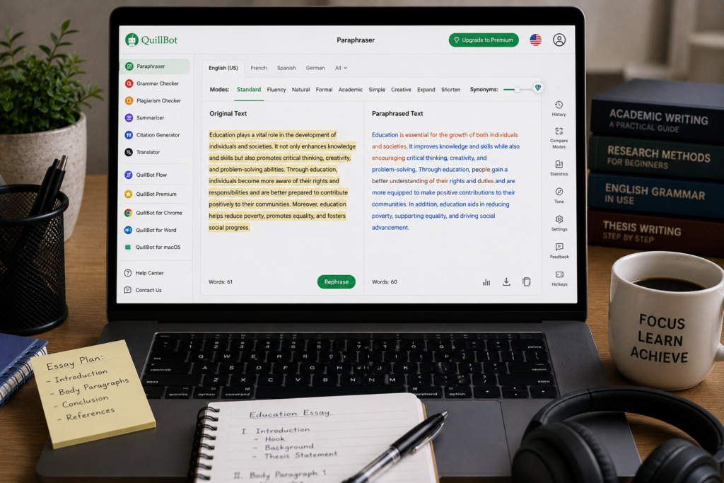 QuillBot AI essay writer rewriting essays with paraphrasing, grammar correction, and improved readability naturally