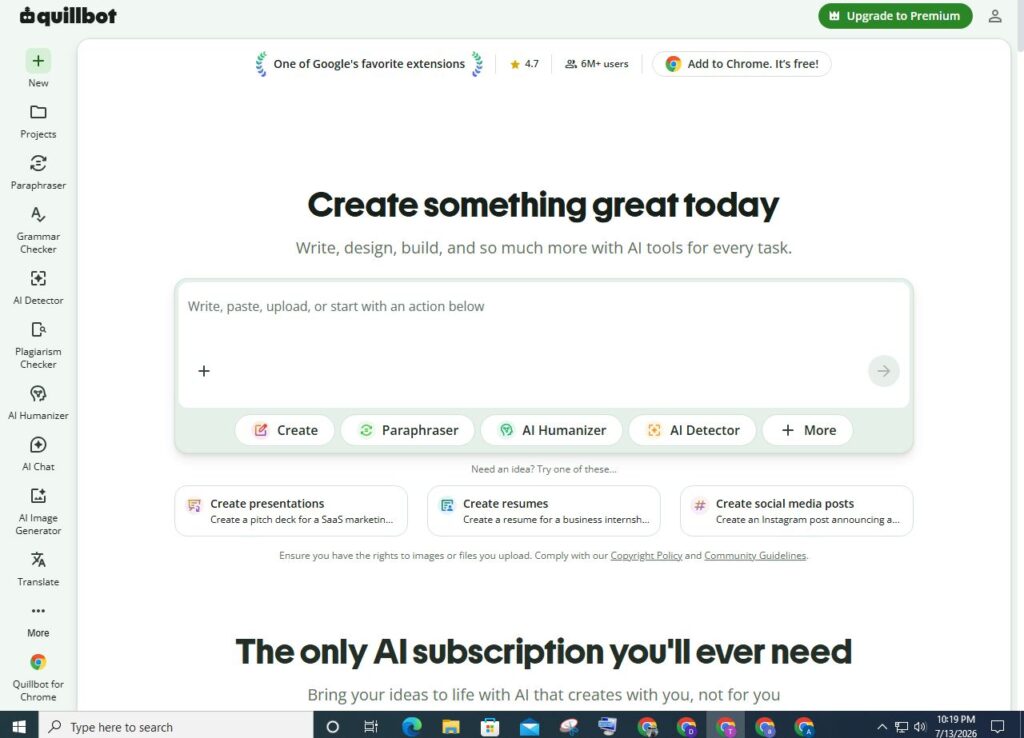 QuillBot AI dashboard featuring AI Humanizer, Paraphraser, Grammar Checker, AI Detector, and writing workspace tools.