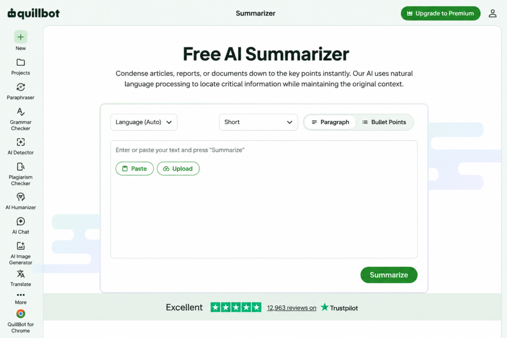 QuillBot AI PDF summarizer interface for summarizing PDF text with AI-powered paragraph and bullet point summaries