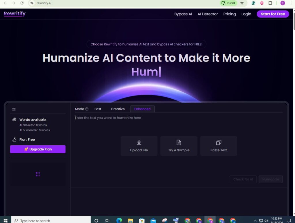 Rewritify AI humanizer interface with AI text editor, enhanced rewrite mode, upload tools, and content humanization panel.