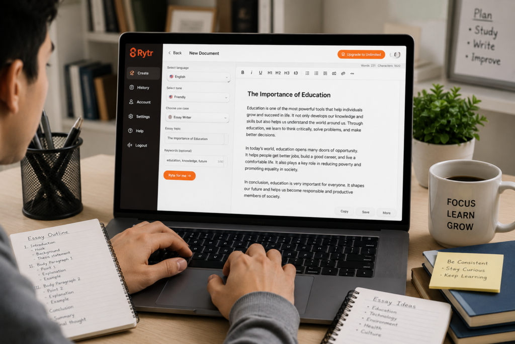 Rytr AI essay writer helping beginners create essays quickly with simple AI writing tools and editing support