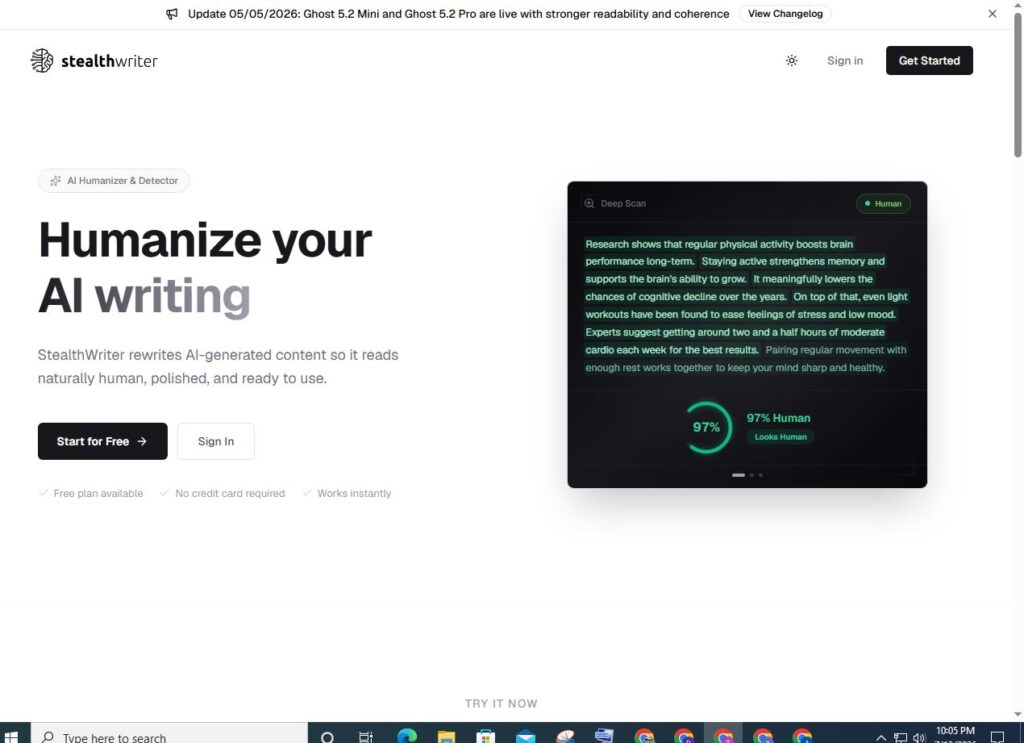 StealthWriter homepage displaying AI humanizer tool with human score dashboard, rewrite preview, and clean modern interface.