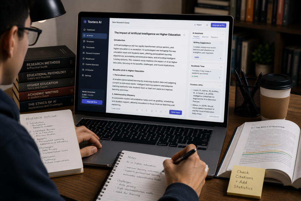 Textero AI essay writer creating structured academic essays with AI writing support for college students naturally